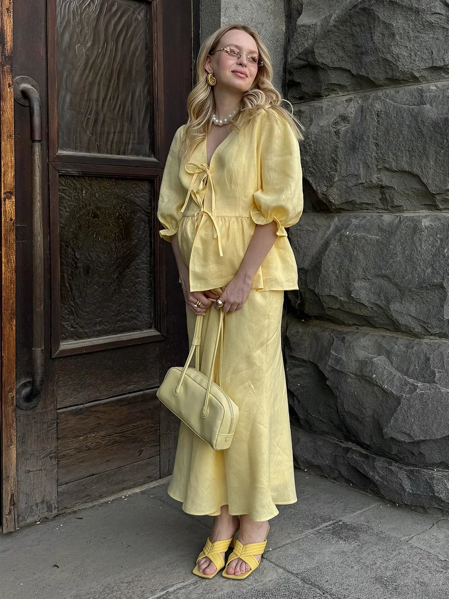 Tossy Summer Ruffled 2 Piece-Set Maxi Skirt For Women V-Neck Lace-Up Short Sleeve Shirts Top And Slim High Waist Long Skirt Sets