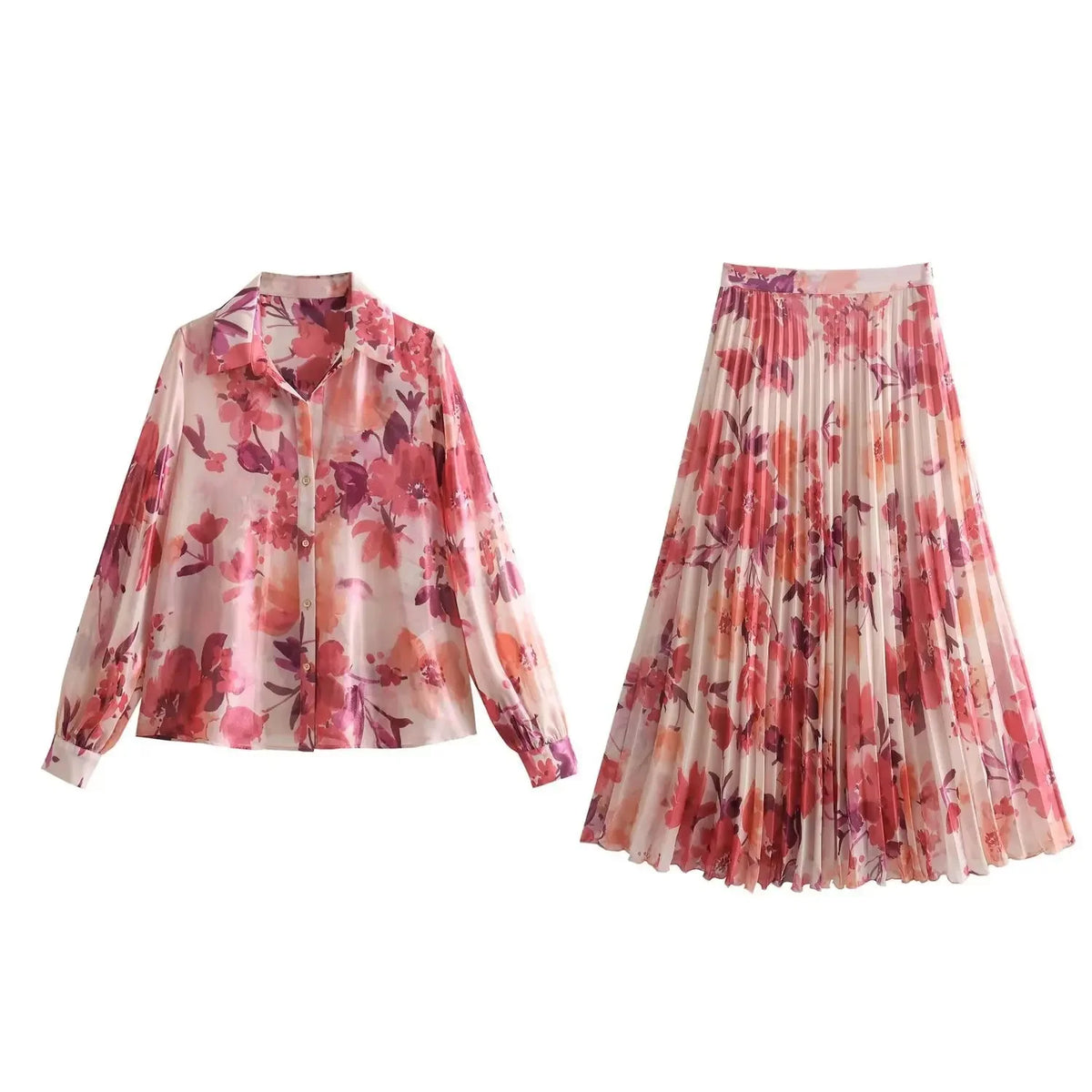 2024 Spring Casual New Arrival European Style Draped Printing Women's Shirt+A-Line Skirt Set Fashionable Female Suit