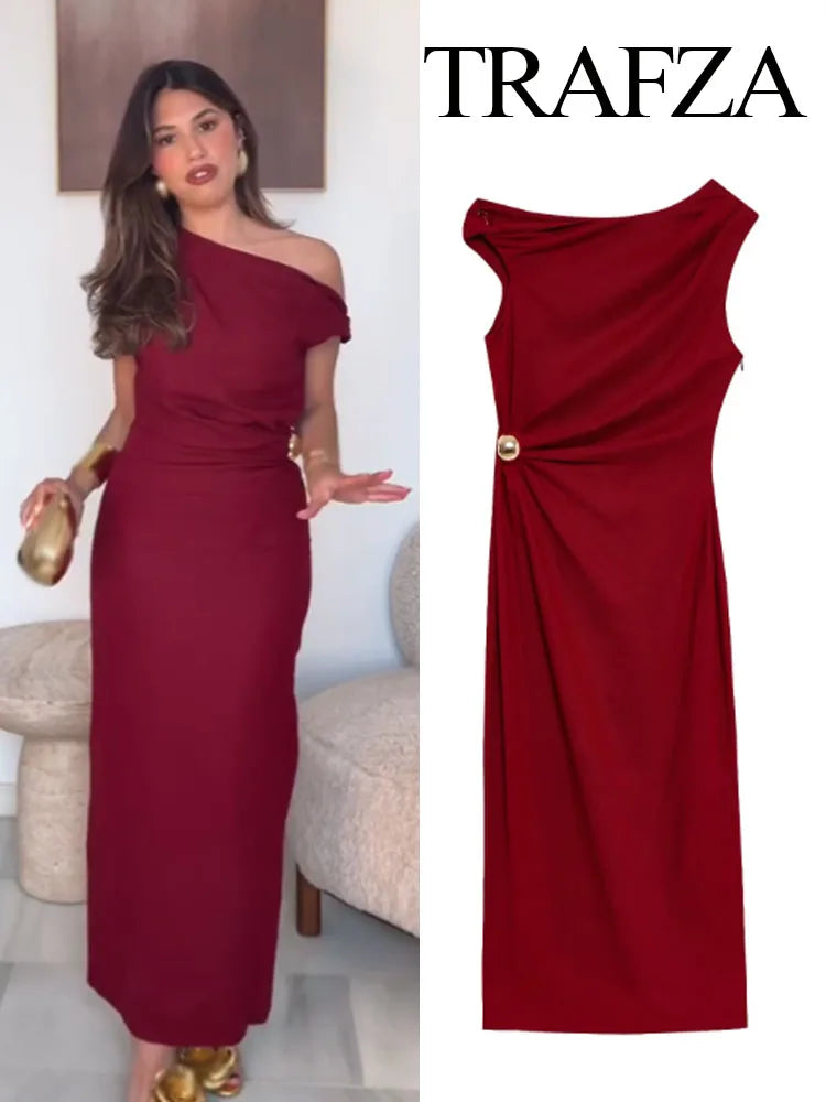 TRAFZA Women's Summer Fashion Round Neck Sleeveless Line Blended Midi Dress Female Sexy Elegant Slim Pleated Hem Slit Long Dress