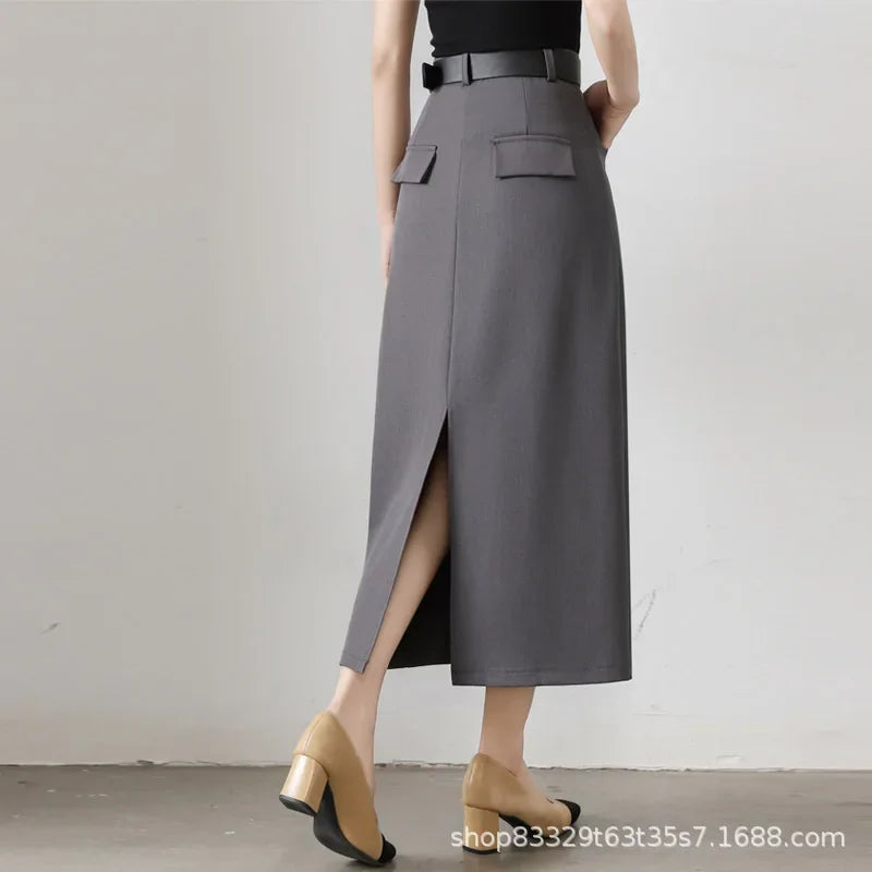 High Waist A- Line Long Skirt for Women in Black And Grey Suiting Spring Autumn Straight Cut Wrap around Skirt Polyester Fiber