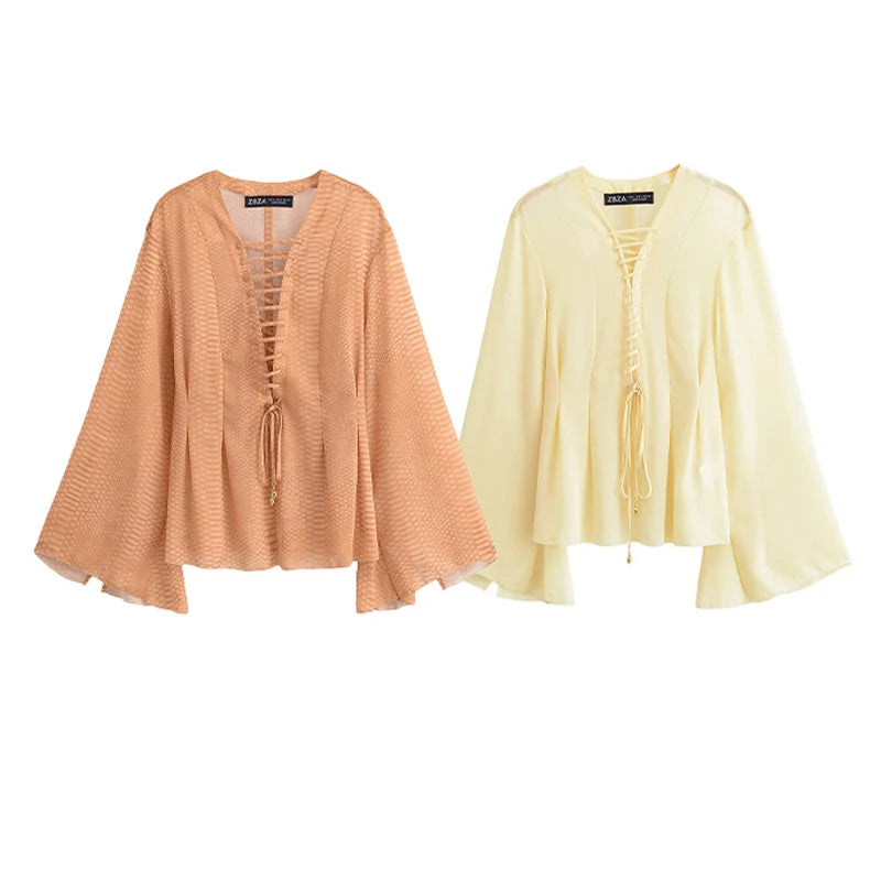 TRAFZA Women's 2025 Summer Versatile V-neck Lace-up Decorative Chiffon Loose Shirt Female Thin Pullover Casual Long Sleeve Shirt