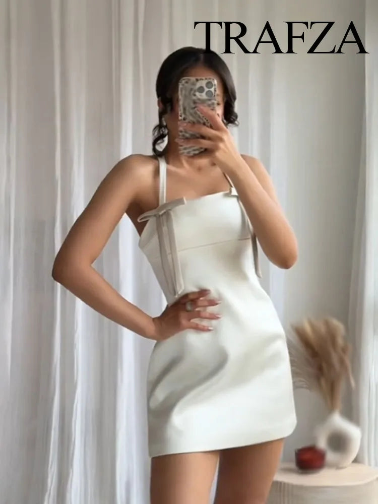 TRAFZA Women Summer New Bow Trim Silk Satin Short Sling Dress Female Elegant Straight Collar Backless Zipper Sleeveless Dress