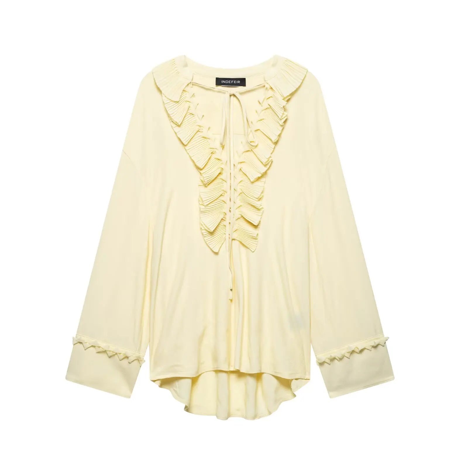 TRAFZA Female Summer Casual Chic Shirts Light Yellow V-Neck Long Sleeves Tierred Decoration Lace-Up Women's Fashion Blouses