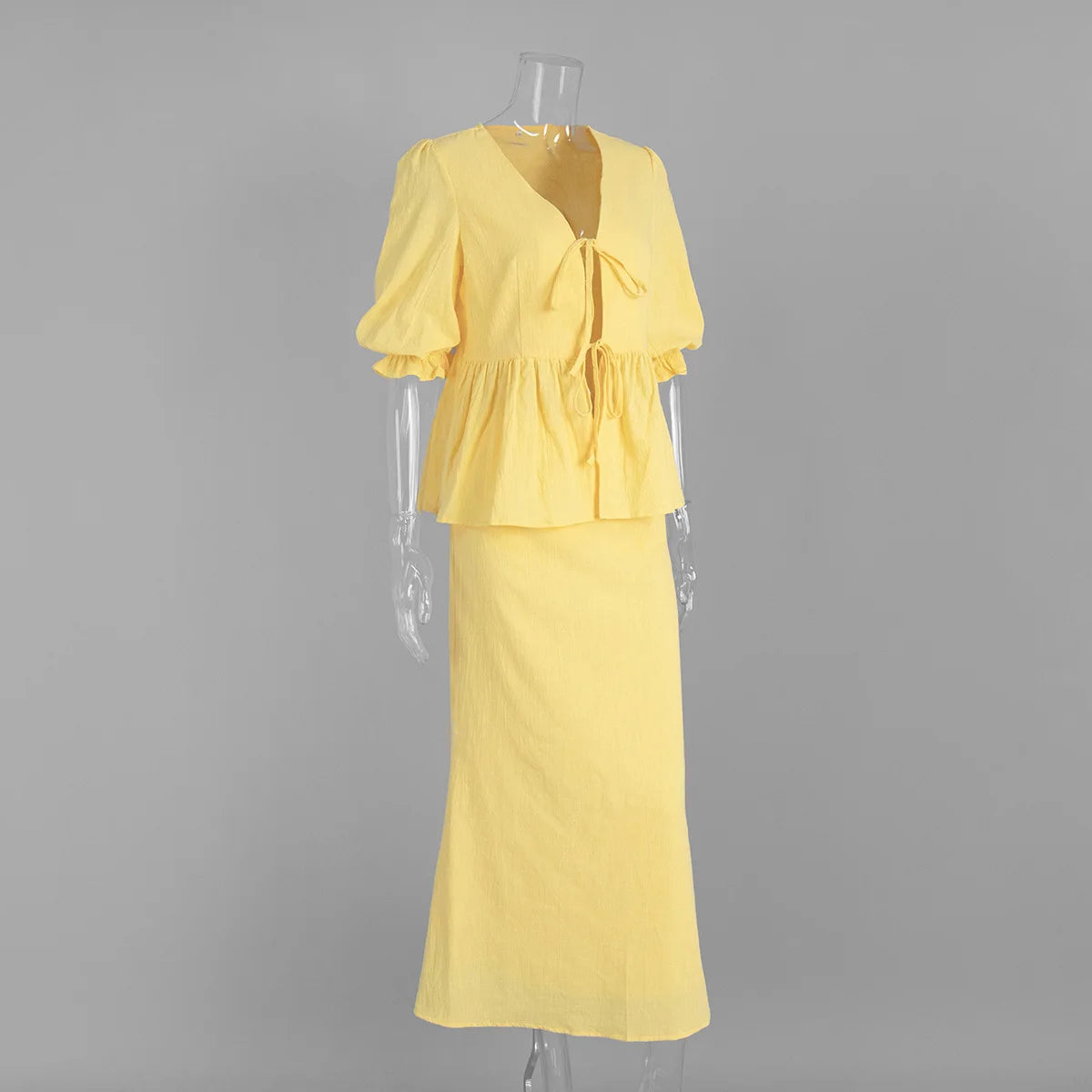 Tossy Summer Ruffled 2 Piece-Set Maxi Skirt For Women V-Neck Lace-Up Short Sleeve Shirts Top And Slim High Waist Long Skirt Sets