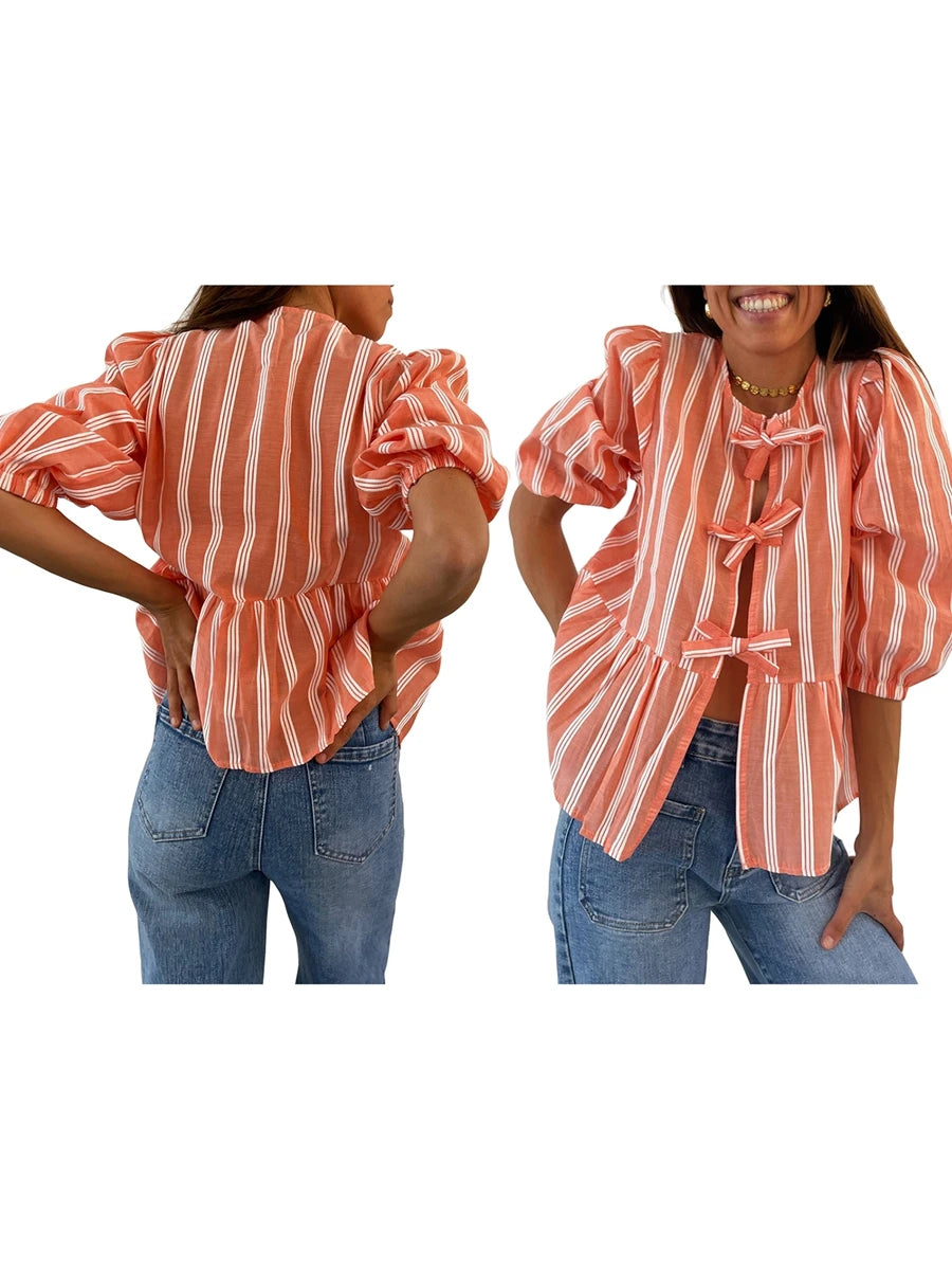 Women's Y2K Kawaii Summer Peplum Blouses Tops 3/4 Puff Sleeve Round Neck Bow Knot Tie-Up Front Babydoll Flare Casual Shirts