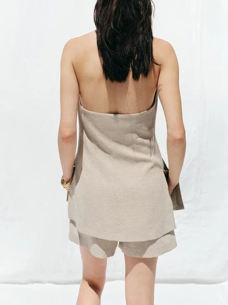 European and American style summer new women's clothing fashion blended backless halter neck vest high waist shorts suit
