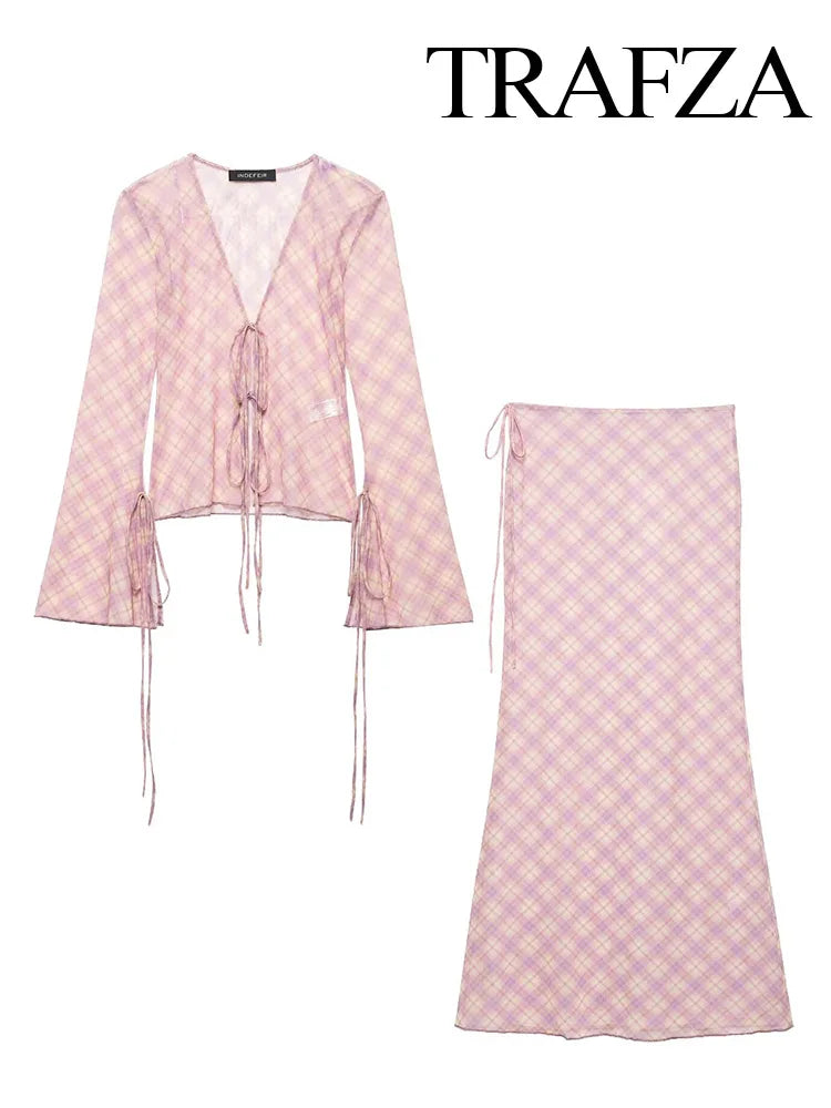 TRAFZA Women 2 Piece Set Chic Lace V-Neck Plaid Decorate Long Sleeves Shirt Top+Fashion Mid Waist Pull Rope Loose Long Skirt