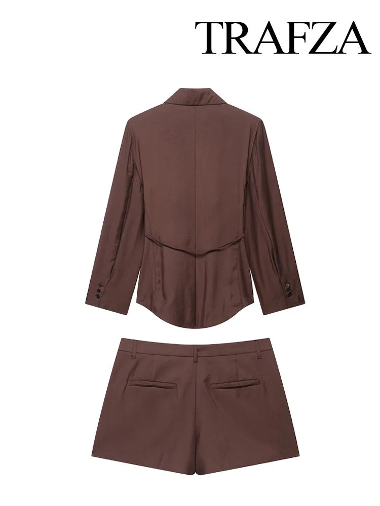 TRAFZA Female Summer Fashion Suits Brown Turn-Down Collar Long Sleeves Bow Lace-Up Single-Breasted Coat+High Waist Zipper Shorts