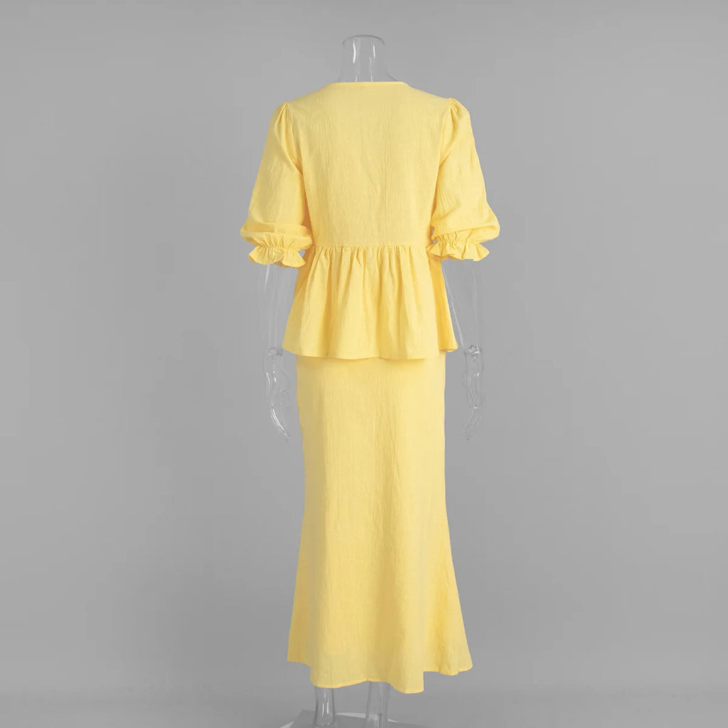 Tossy Summer Ruffled 2 Piece-Set Maxi Skirt For Women V-Neck Lace-Up Short Sleeve Shirts Top And Slim High Waist Long Skirt Sets