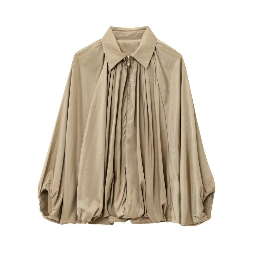 TRAFZA Spring Woman Elegant Chic Zipper Design Solid Casual Coat Women Lapel Bat Sleeve Pleated Decoration Loose Jacket Top