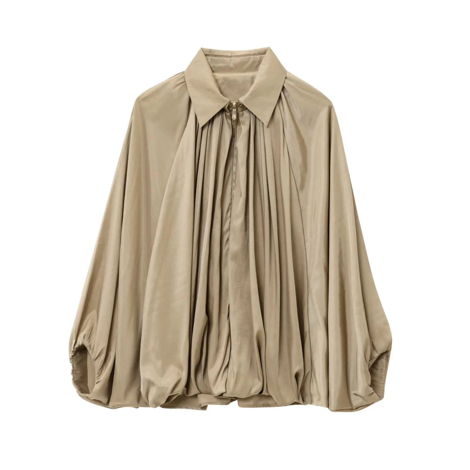 TRAFZA Spring Woman Elegant Chic Zipper Design Solid Casual Coat Women Lapel Bat Sleeve Pleated Decoration Loose Jacket Top