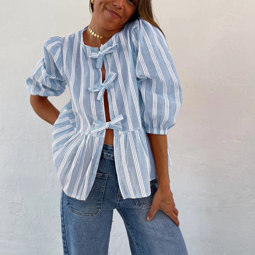Women's Y2K Kawaii Summer Peplum Blouses Tops 3/4 Puff Sleeve Round Neck Bow Knot Tie-Up Front Babydoll Flare Casual Shirts