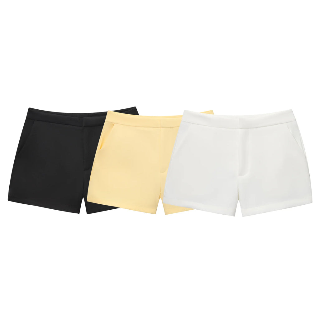TRAFZA Women's Solid Square Collar Single Breasted Sleeveless Short Top+High Waist Zipper Side Pocket Shorts Female Slim Suits