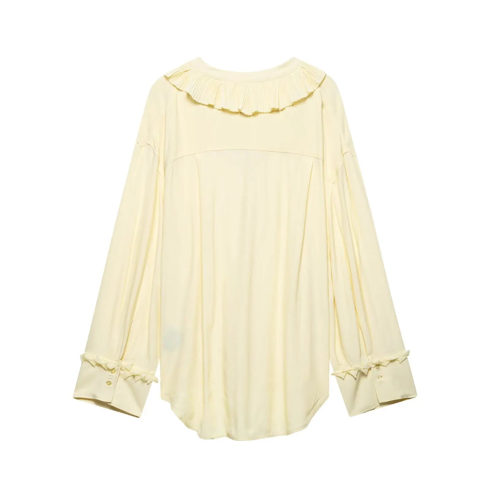 TRAFZA Female Summer Casual Chic Shirts Light Yellow V-Neck Long Sleeves Tierred Decoration Lace-Up Women's Fashion Blouses
