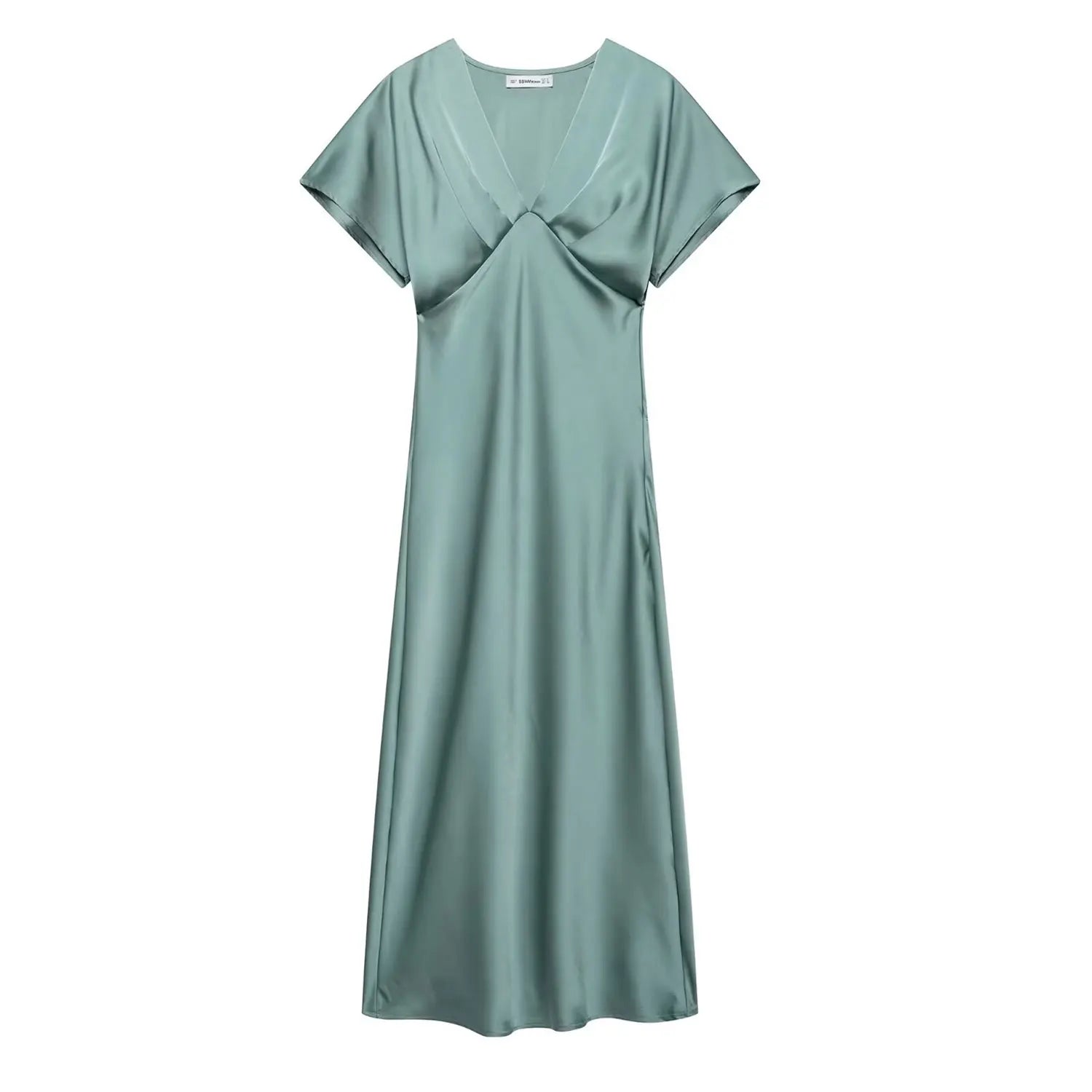 TRAFZA Summer Causal Silk Satin Texture Dresses For Women Pleated Short Sleeves Vintage V-neck Summer Pajama Style Midi Dresses