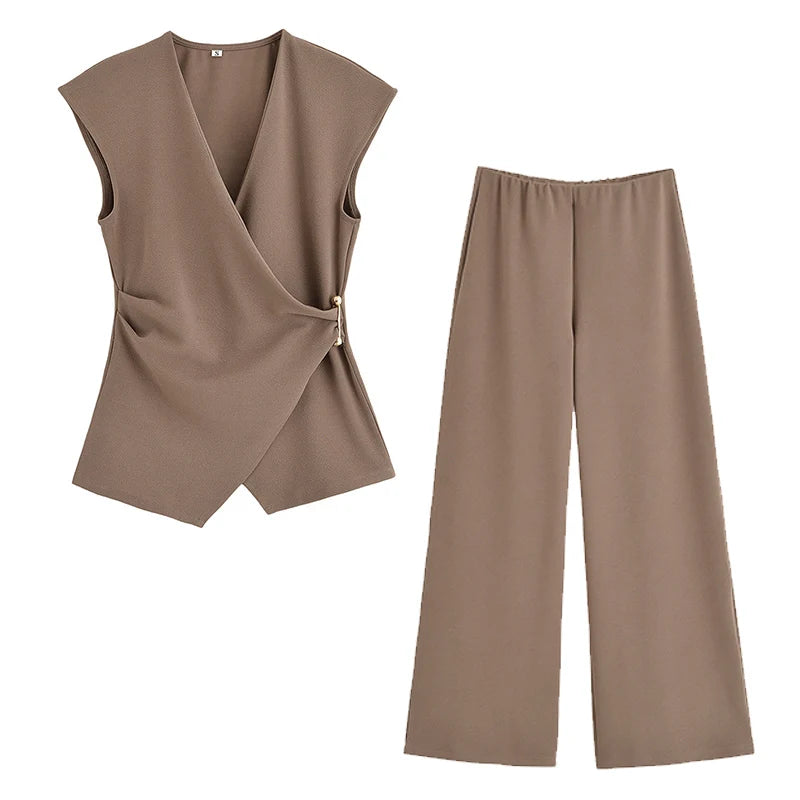 TRAF Simple Style Wide Leg Pants 2 Pieces Sets For Women Ruched Pin Vest Top Trousers Women's Suit 2025 New Casual Woman Outfits