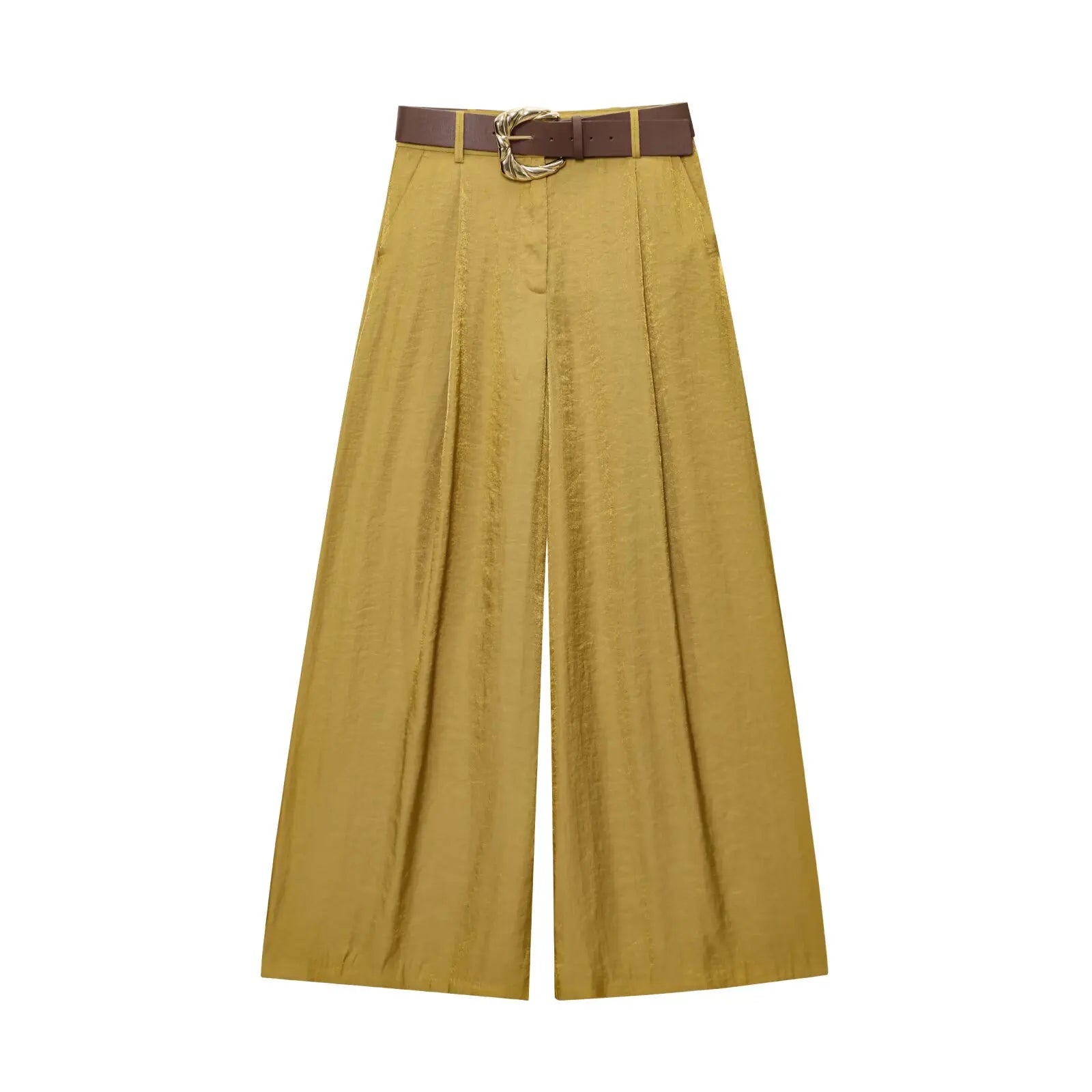 PB&ZA2025 Summer New Women's Solid Color Temperament Matching Belt Satin Textured Wide Leg Casual Pants