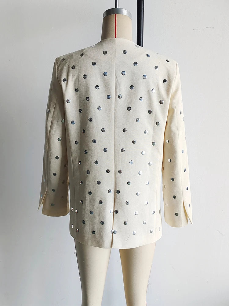 TRAFZA Women's Summer New Rivet Decorative V-neck No-button Casual Suit Jacket Female Temperature Sequin Suit Long Sleeve Jacket