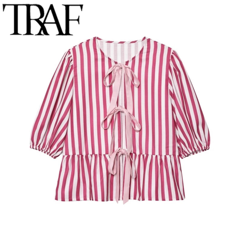 TRAF 2025 Woman Fashion Spring Summer Small Niche Lace Up Loose Top Sets Casual High Waisted Short Suits