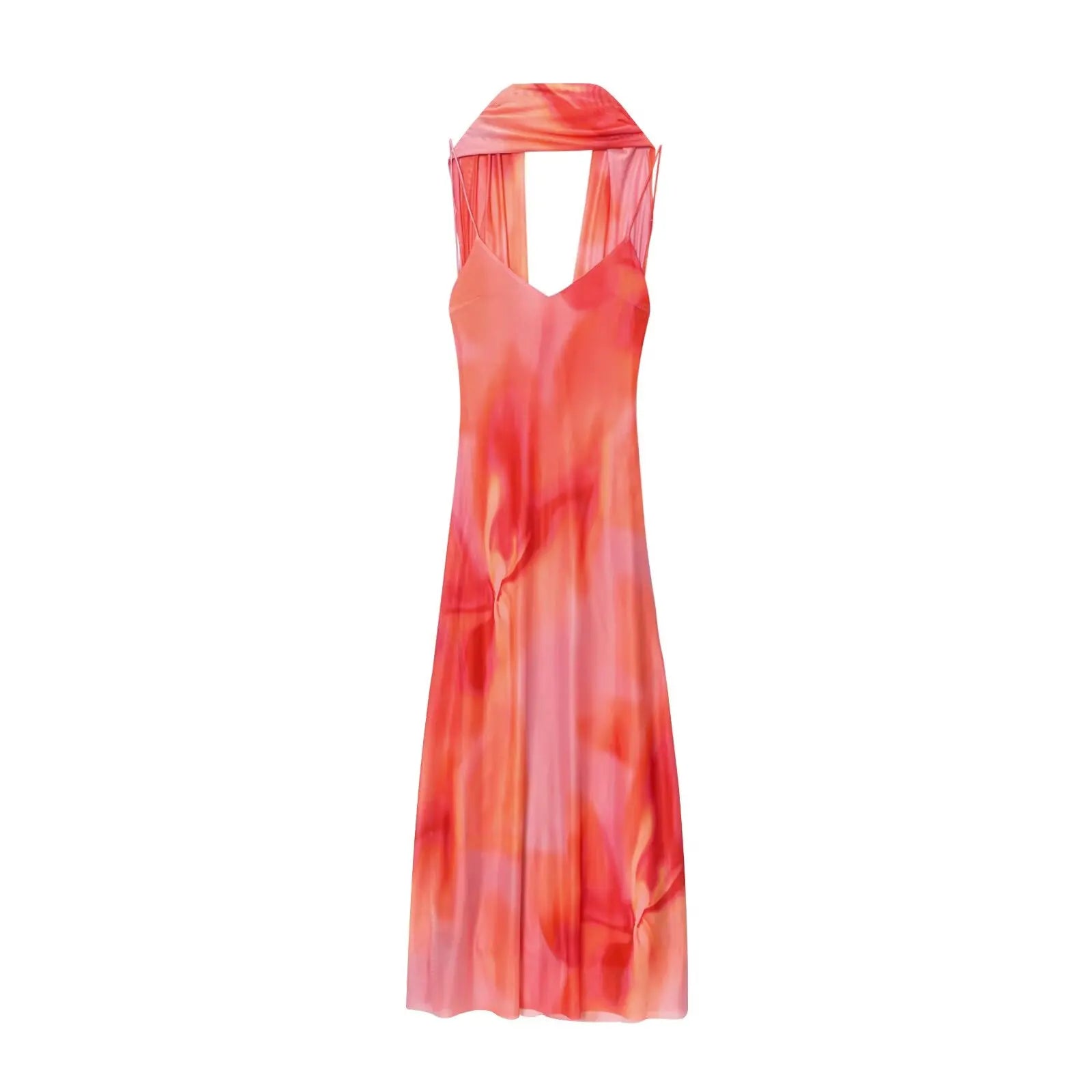 TRAF European and American style summer new fashion trend women's backless V-neck thin sling print scarf long dress
