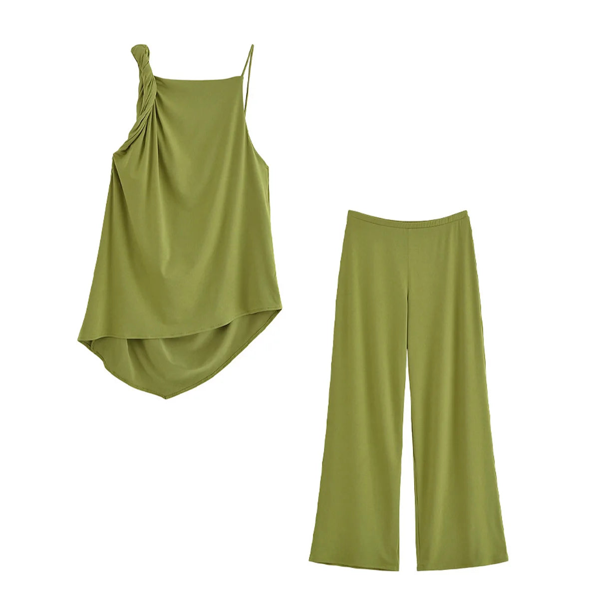 TRAFZA Women's Fashion Solid Pants Suit Backless Design With Pleated Asymmetric Sling Top Elastic Waist Wide-Leg Pants Set