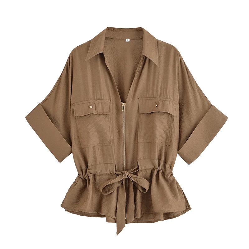 Willshela Women Fashion 2 Piece Set Solid Front Zipper Shirts & Vintage High Elastic Waist Trousers Feamle Chic Lady Pants Sets