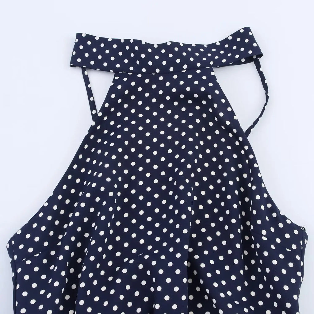 TRAF European and American style summer new fashion trend women's slim fit with belt polka dot halter neck midi dress