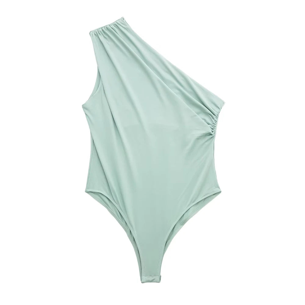 TRZA-Women's Ruched Asymmetric Bodysuits, One Shoulder, Wide Straps, Snap-Button, Female Playsuits, Sexy Fashion