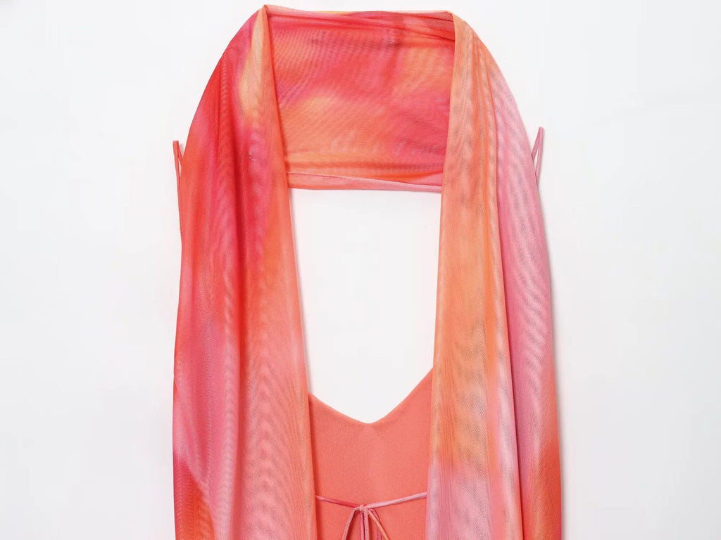 TRAF European and American style summer new fashion trend women's backless V-neck thin sling print scarf long dress