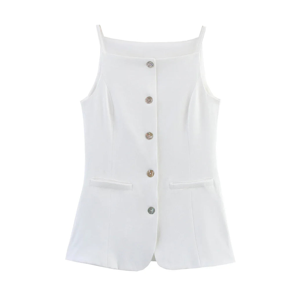 Spring 2025 New Arrival White Strapless Midi Vest Short Tank Top Fashionable Elegant Color Block Polyester Blend Women's Vest