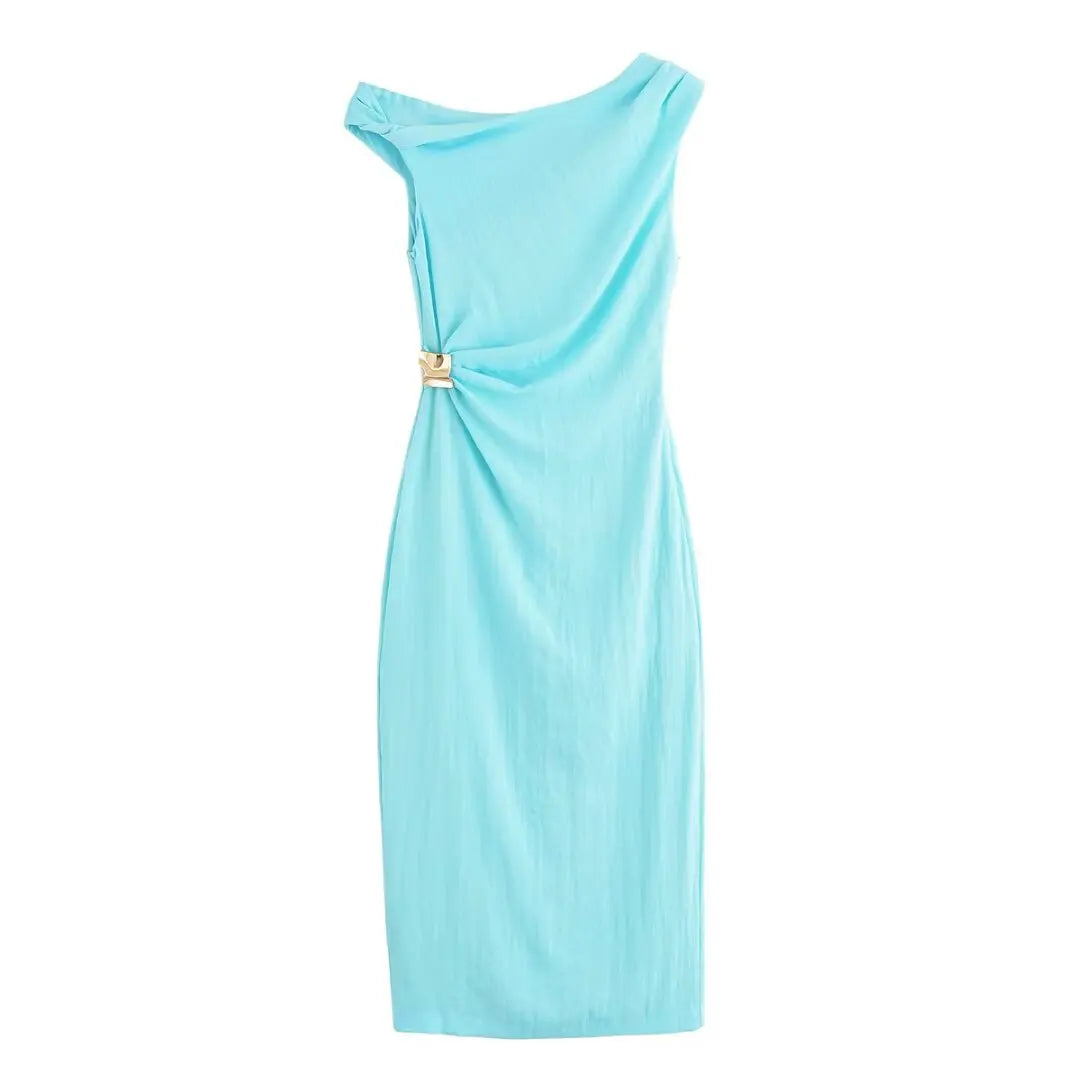 TRAFZA Woman's Summer Sexy Fashion Long Dress Solid Sleeveless Asymmetry Dresses Female Holiday Style Slit Slim Chic Dress