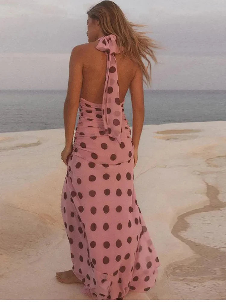JULISSA MO Print Polka Dot Halter Women Maxi Dress Pink Sexy Backless V-neck Dress Femme Summer Slim Elegant Party Evening Dress