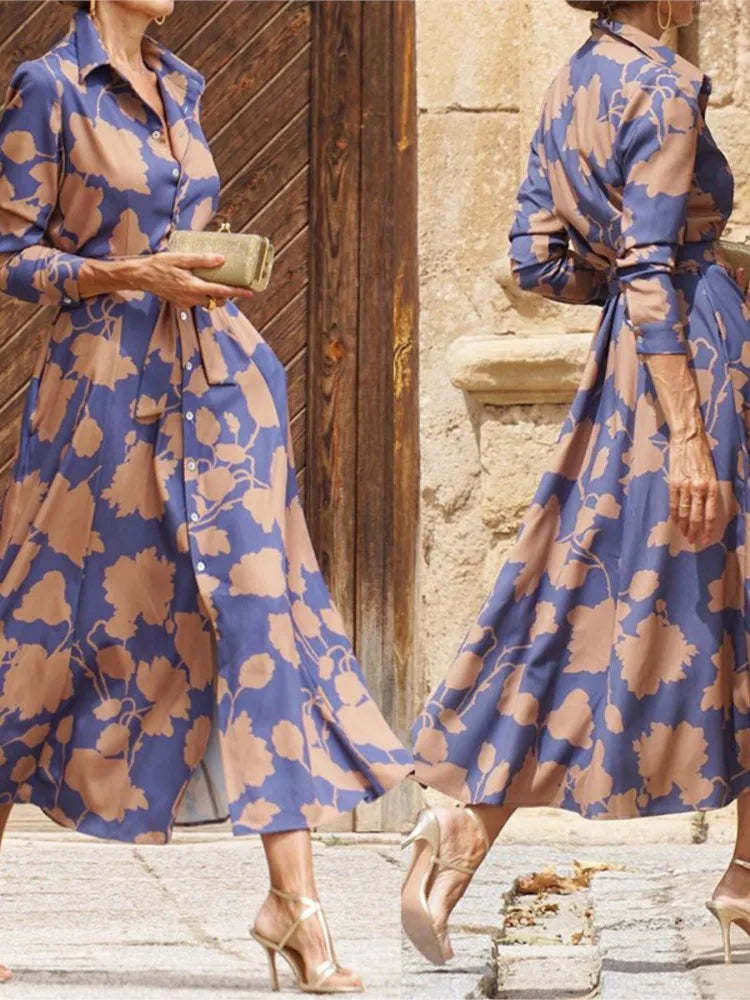 2024 Spring New Women's Fashion Style Printed Sexy Waist Strap Mid Length Single Breasted Long Sleeve Collar Dress