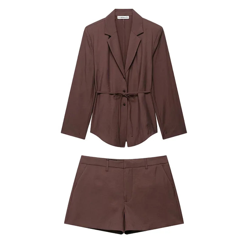 TRAFZA Female Summer Fashion Suits Brown Turn-Down Collar Long Sleeves Bow Lace-Up Single-Breasted Coat+High Waist Zipper Shorts