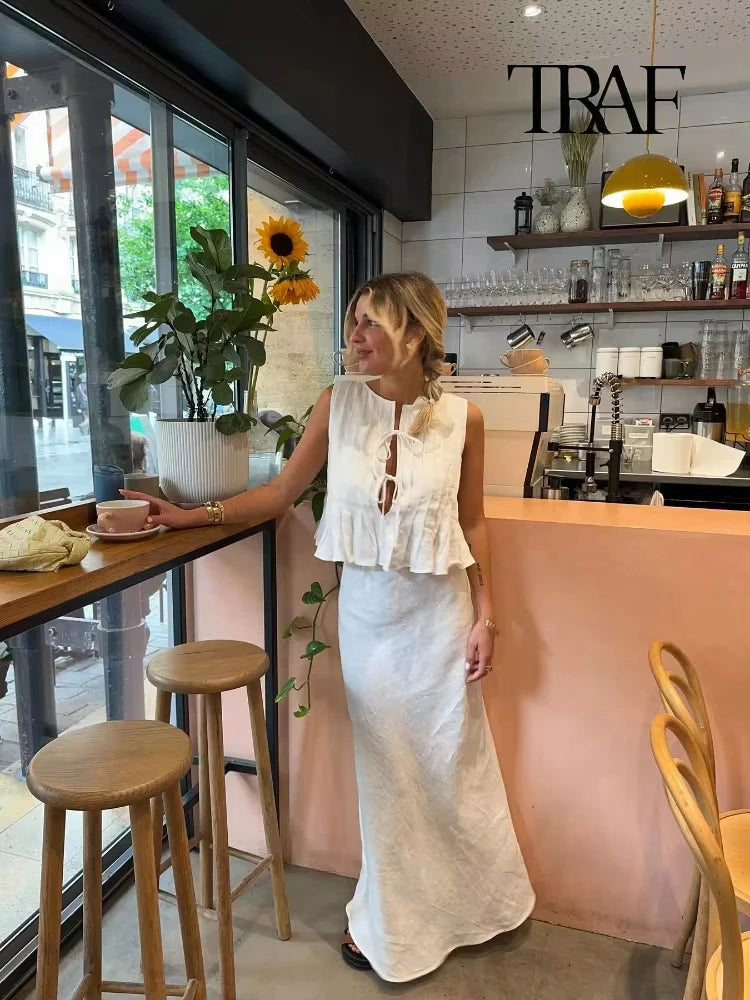TRAF Women's Fashion Folded Ruffle Sleeveless Top Long Skirt Set Elegant White Lace Tie Blouse Chic High Waist Long Skirt Set