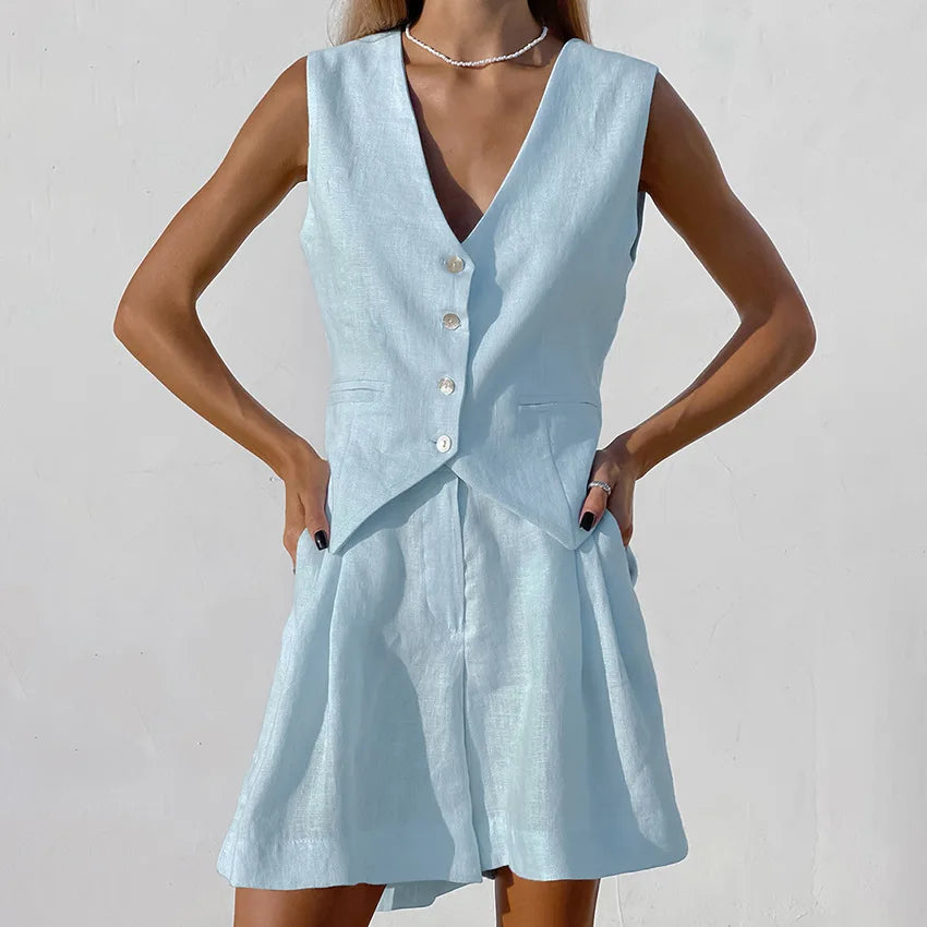 2025 Design Cotton Linen Suit Vest Suit Women's Summer Casual Sleeveless Vest Shorts Two-piece Set костюм женский летний