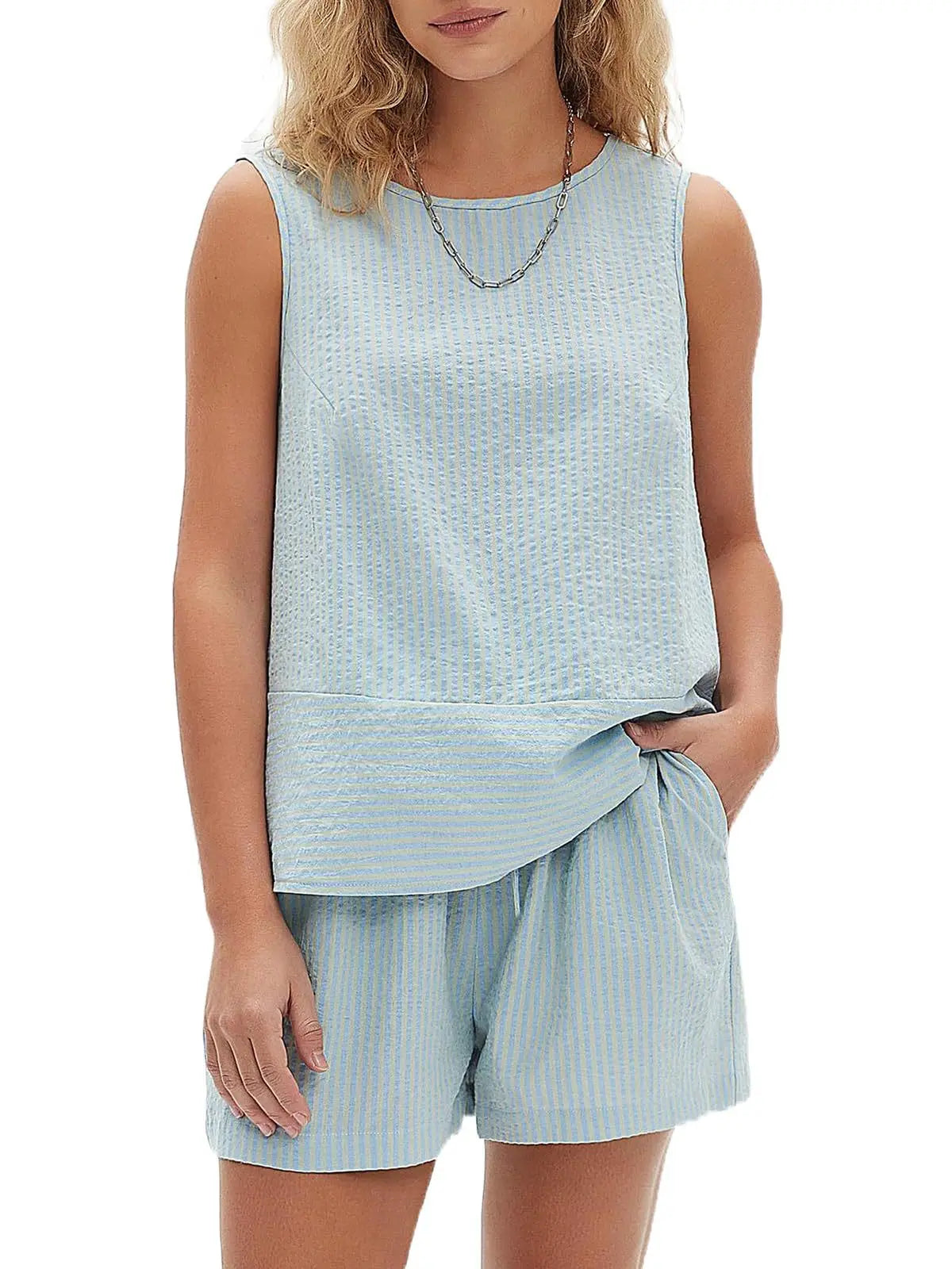 2025 New European and American Style Store Women's Summer 2-Piece Set Sleeveless Top and Shorts Striped Sports