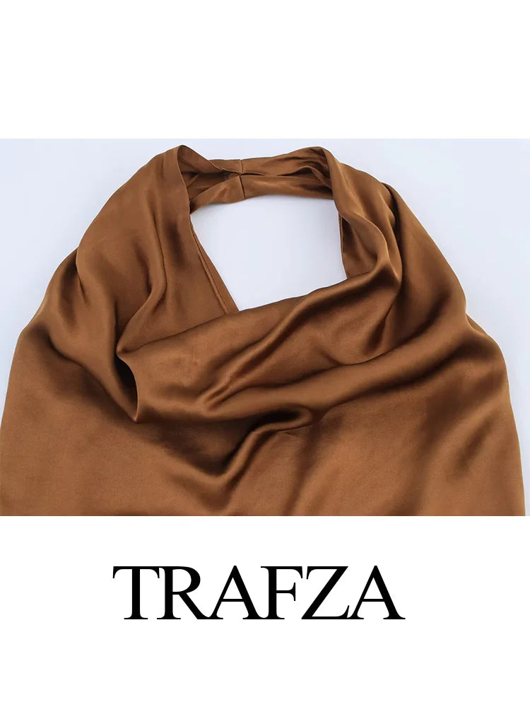 TRAFZA Women 2025 Fashion Solid Satin Texture Sleeveless Midi Dress Female Spring Hanging Neck Collar Hollow Out Long Dress