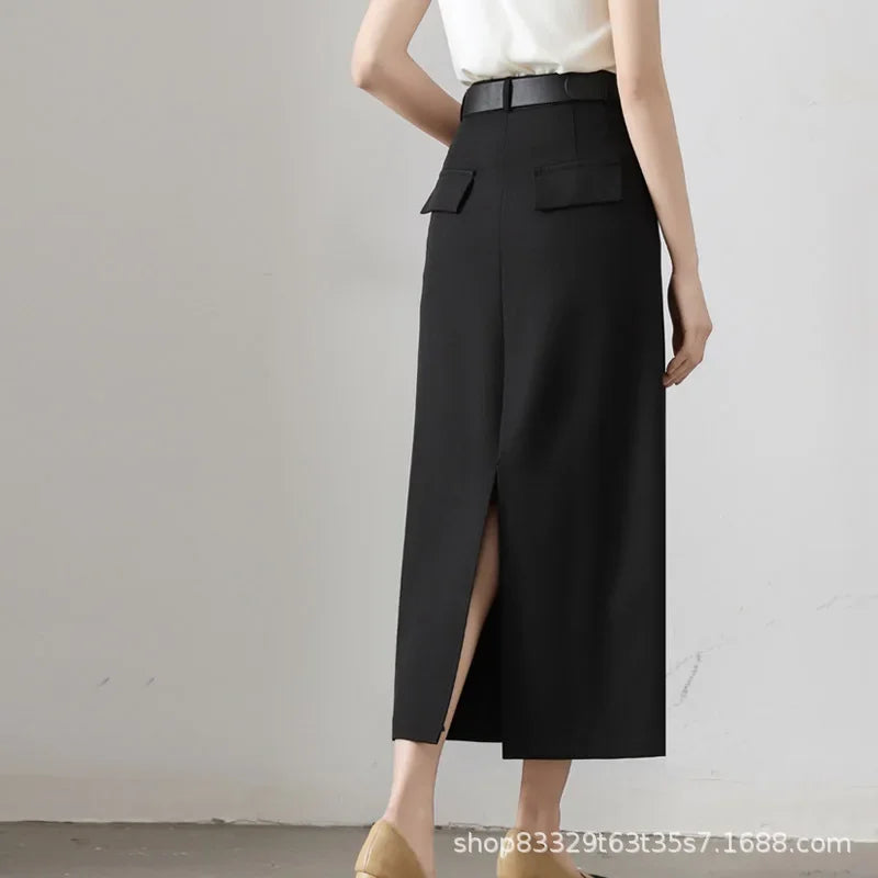 High Waist A- Line Long Skirt for Women in Black And Grey Suiting Spring Autumn Straight Cut Wrap around Skirt Polyester Fiber