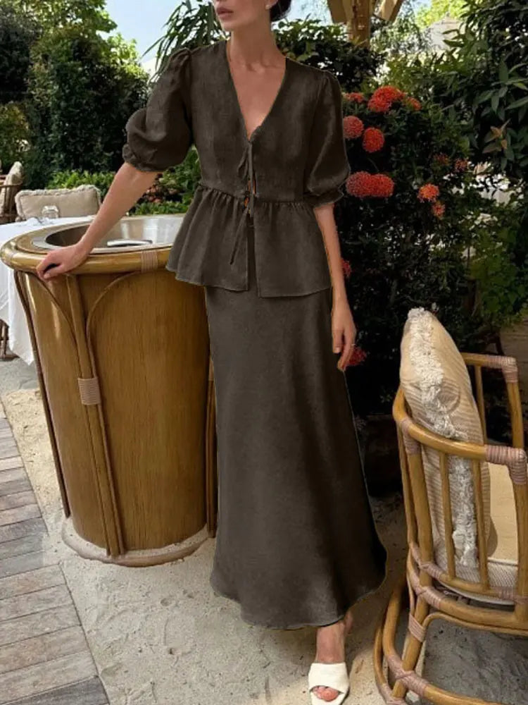 Tossy Summer Ruffled 2 Piece-Set Maxi Skirt For Women V-Neck Lace-Up Short Sleeve Shirts Top And Slim High Waist Long Skirt Sets