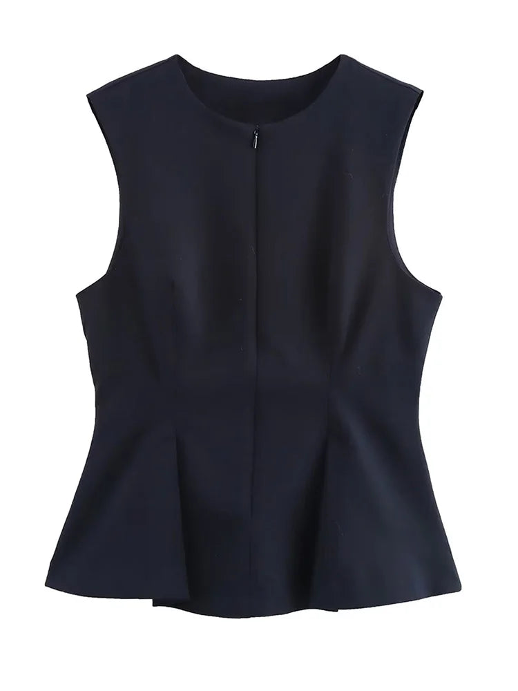 TFMLN 2025 Summer Women Solid Zipper Tops Vintage Causal Sleeveless O Neck Tank T Shirt Fashion Pleated Vest High Street Top