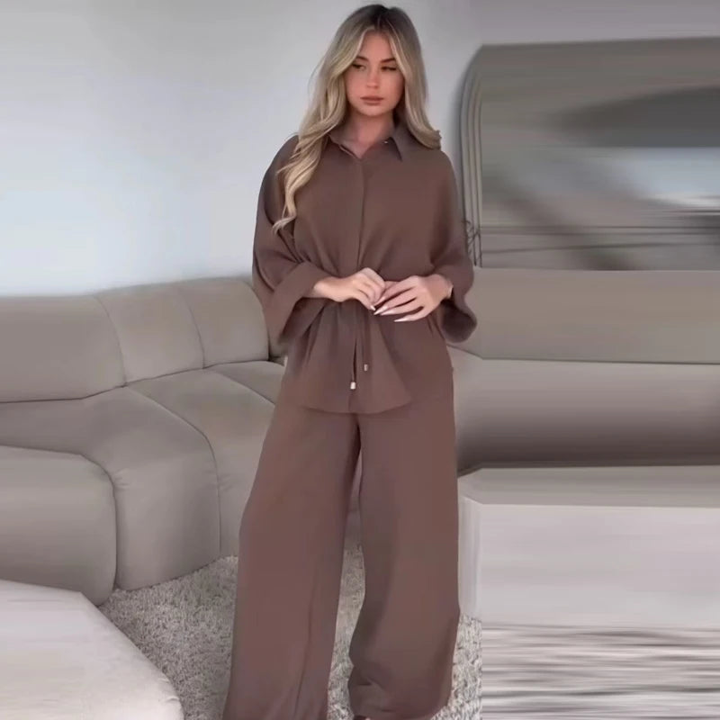 HXAO Safari Brown Pant Sets Women's Two Pieces Set Tunic Long Sleeve Shirt 2 Piece Sets Outfits High Waist Wide Leg Trouser Sets