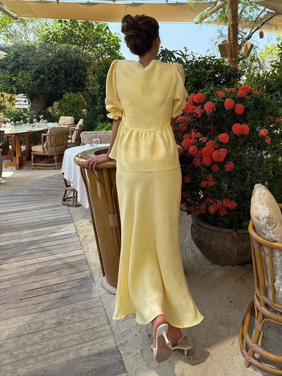 Tossy Summer Ruffled 2 Piece-Set Maxi Skirt For Women V-Neck Lace-Up Short Sleeve Shirts Top And Slim High Waist Long Skirt Sets