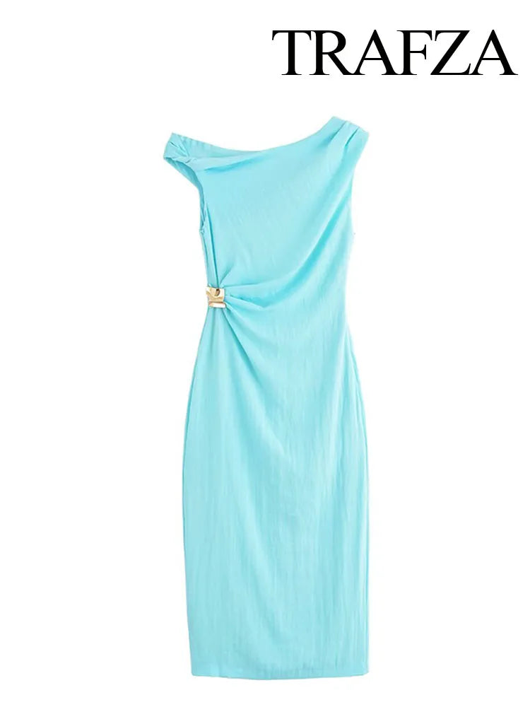 TRAFZA Woman's Summer Sexy Fashion Long Dress Solid Sleeveless Asymmetry Dresses Female Holiday Style Slit Slim Chic Dress
