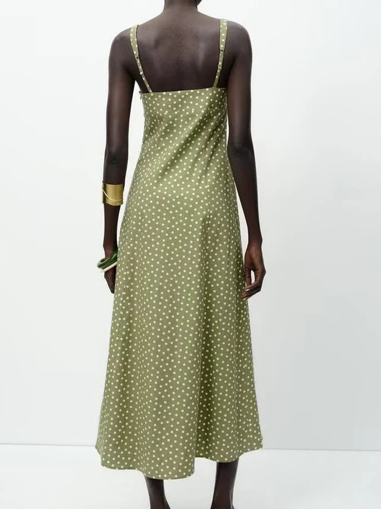 TRAF European and American style summer new fashion trend women's clothing linen polka dot round neck sling midi dress