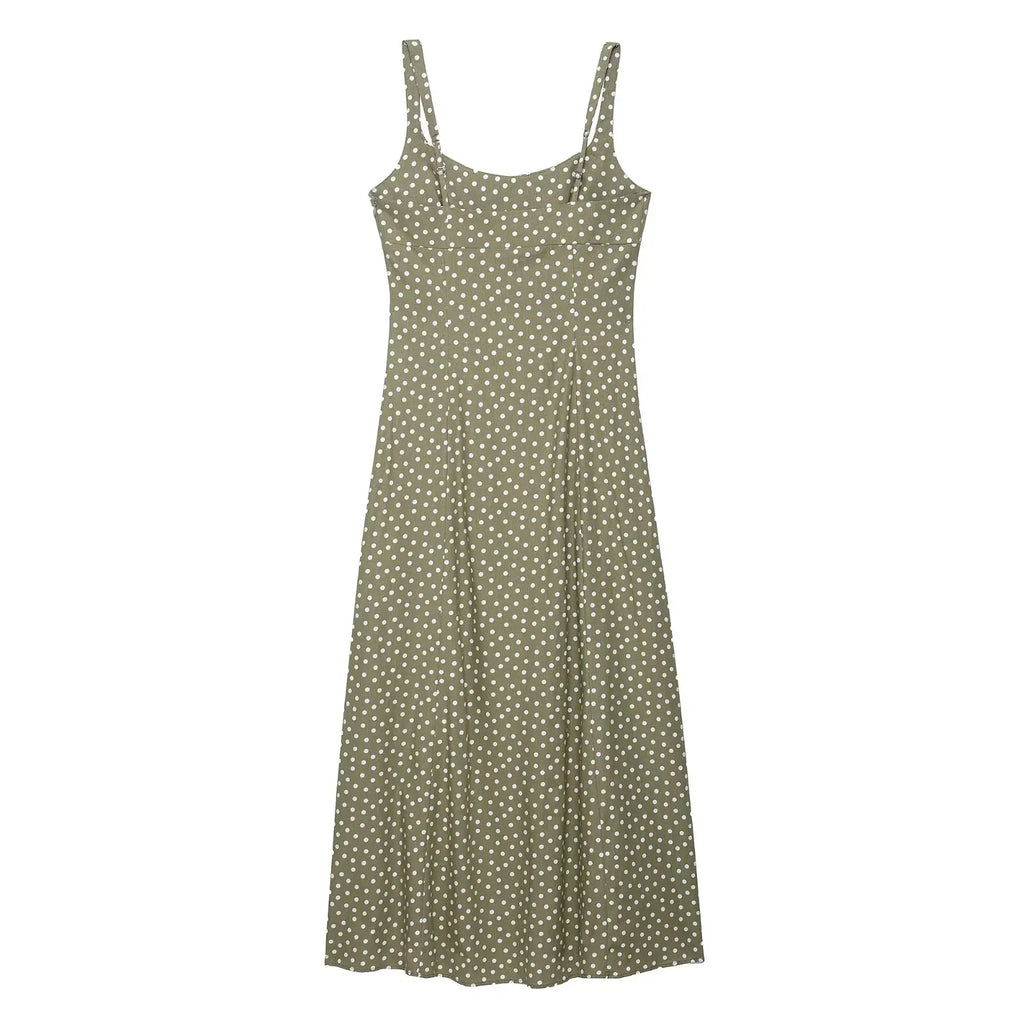 TRAF European and American style summer new fashion trend women's clothing linen polka dot round neck sling midi dress