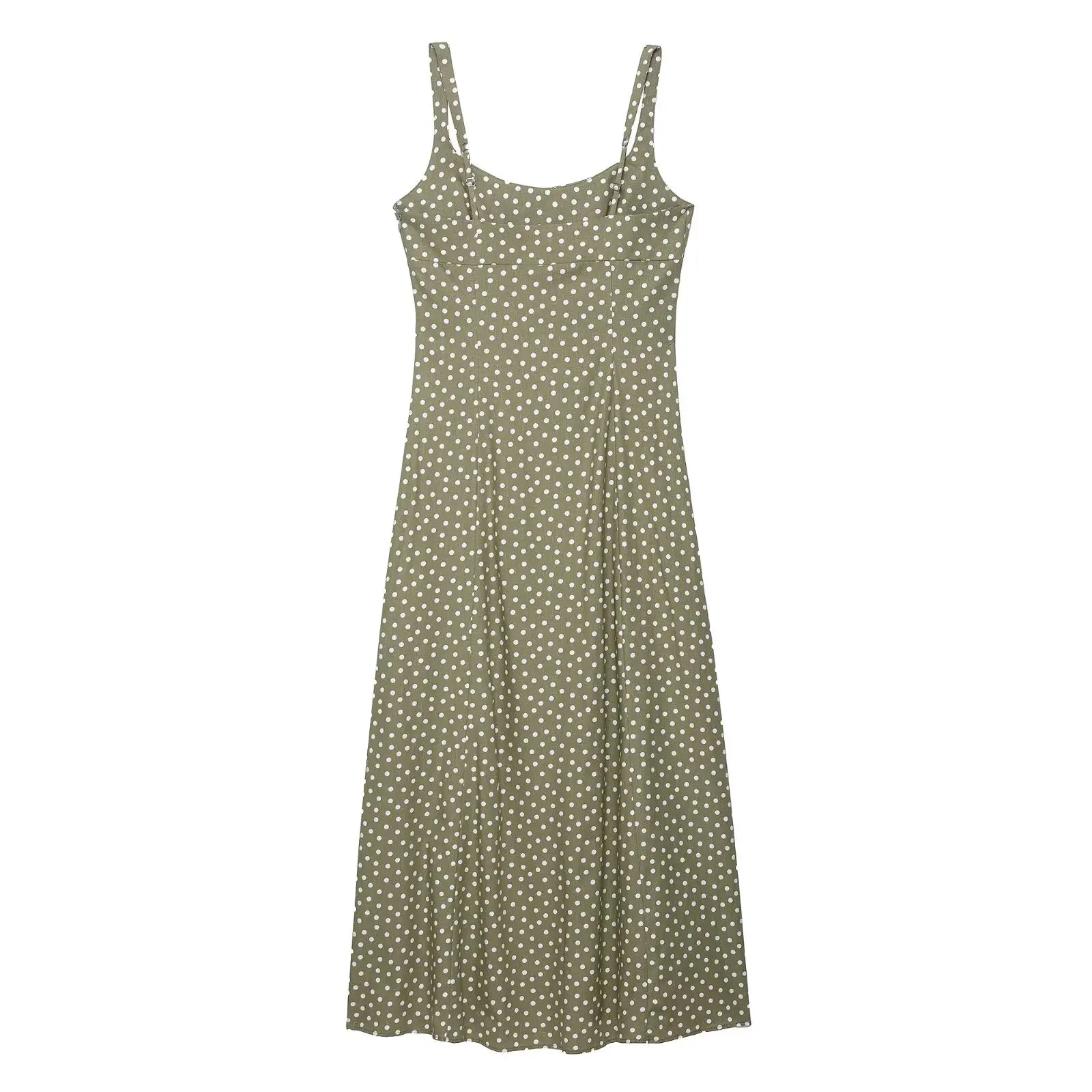 TRAF European and American style summer new fashion trend women's clothing linen polka dot round neck sling midi dress