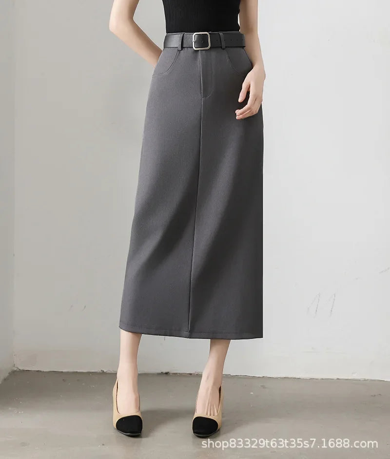High Waist A- Line Long Skirt for Women in Black And Grey Suiting Spring Autumn Straight Cut Wrap around Skirt Polyester Fiber