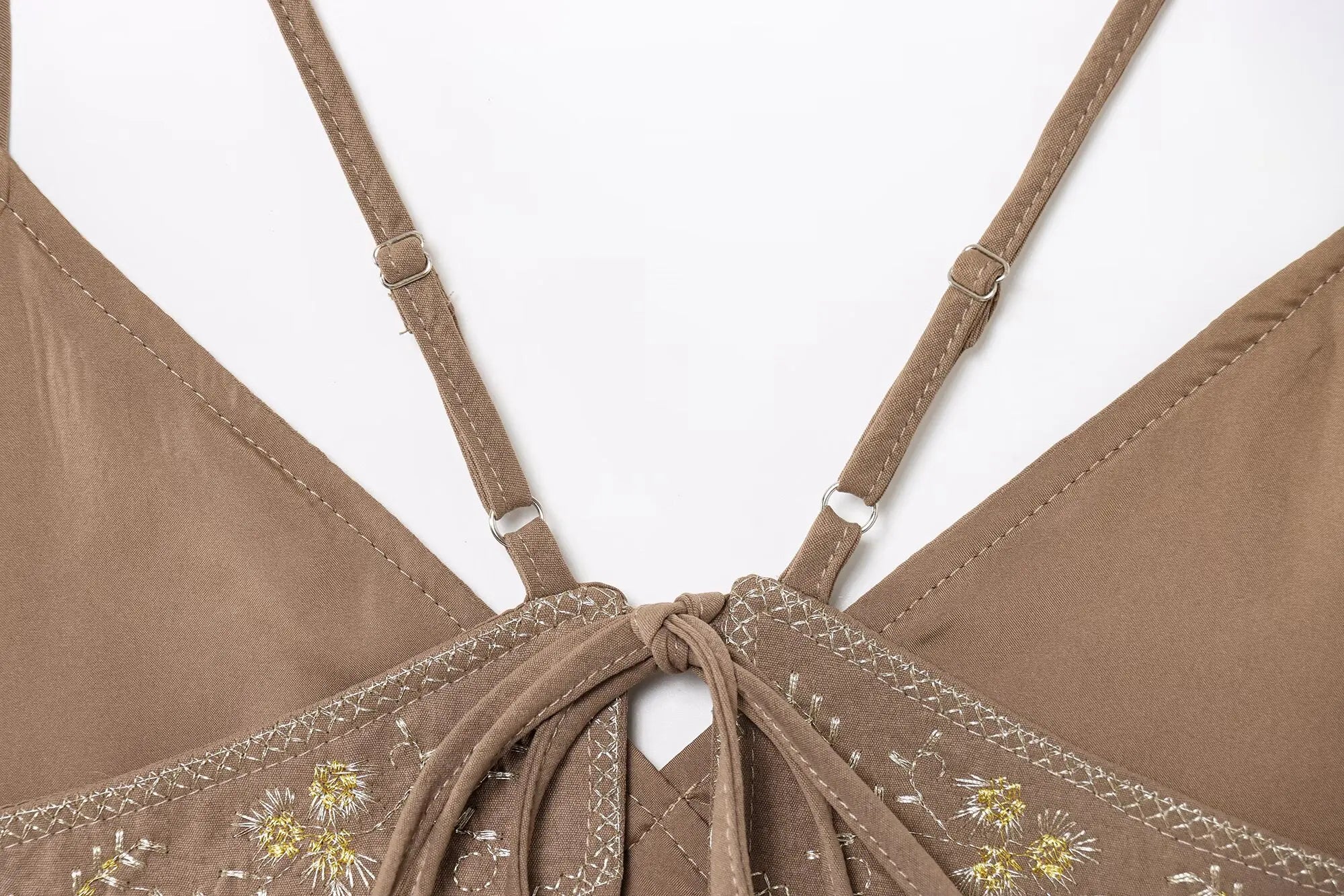 TRAFZA Female Summer Sexy Sling Tops Light Brown V-Neck Sleeveless Embroidery Lace-Up Decoration Women's Fashion Short Tops