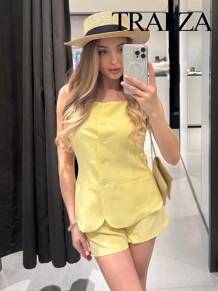 TRAFZA Women's Solid Square Collar Single Breasted Sleeveless Short Top+High Waist Zipper Side Pocket Shorts Female Slim Suits